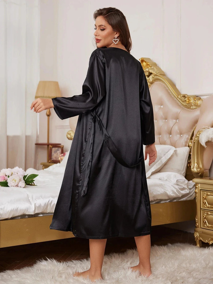 Black Satin Kimono Robe with Tie Belt-Kimono Robe-Bellascena-bellascena