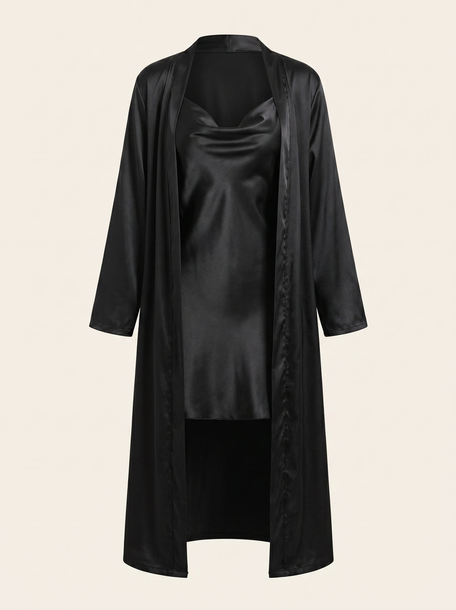 Black Satin Kimono Robe with Tie Belt-Kimono Robe-Bellascena-Black-S-bellascena
