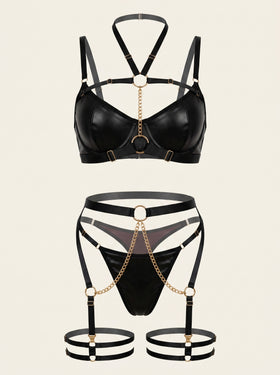 Black Satin Lingerie Set with Chain Detail-Lingerie Set-Bellascena-S-S-Black-bellascena