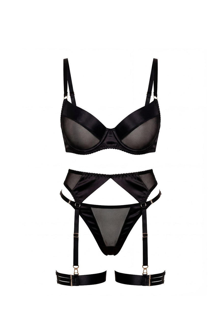 Black Satin Lingerie Set with Strappy Details-Lingerie Set-Bellascena-bellascena