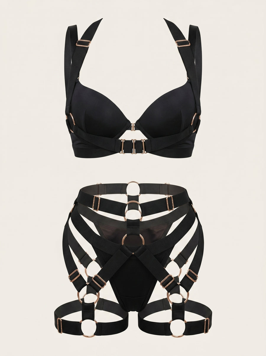 Black Satin Lingerie Set with Strappy Details-Lingerie Set-Bellascena-S-S-Black-bellascena