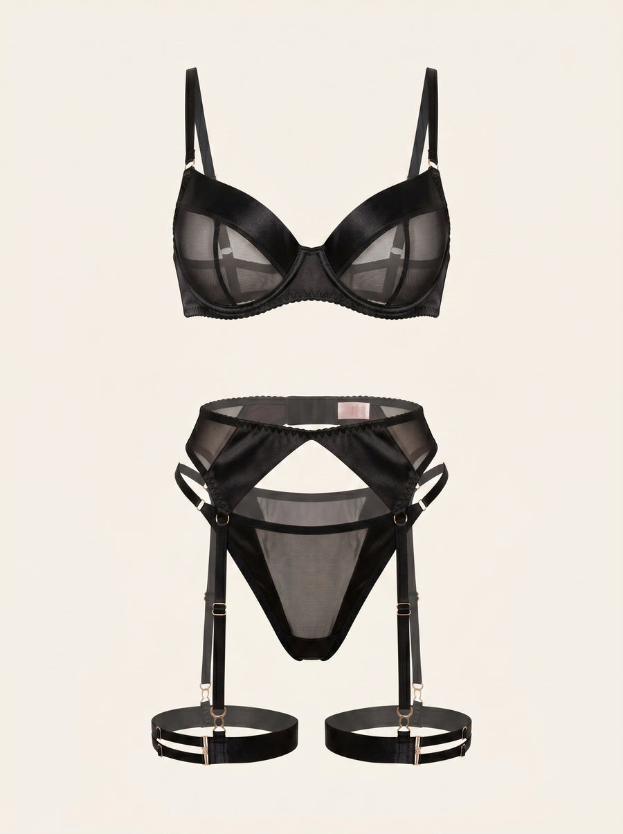 Black Satin Lingerie Set with Strappy Details-Lingerie Set-Bellascena-S-S-Black-bellascena