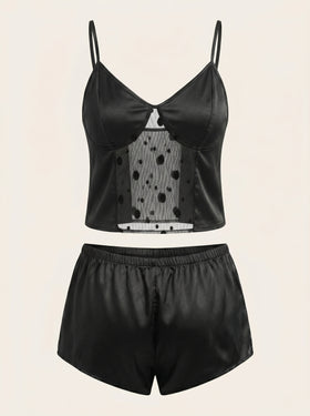 Black Satin Pajama Set with Lace Sheer Panels-Pajama Set-Bellascena-Black-S-bellascena