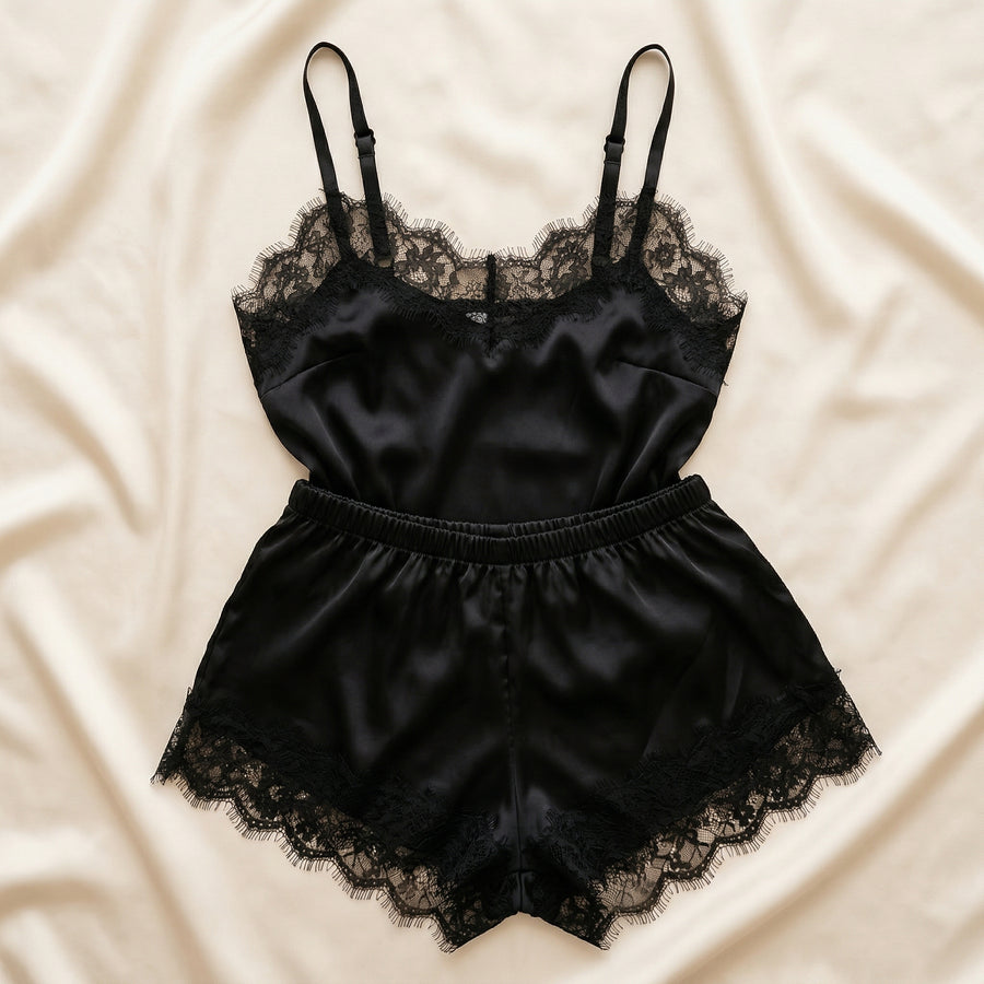 Black Satin Pajama Set with Lace Trim-Pajama Set-Bellascena-bellascena