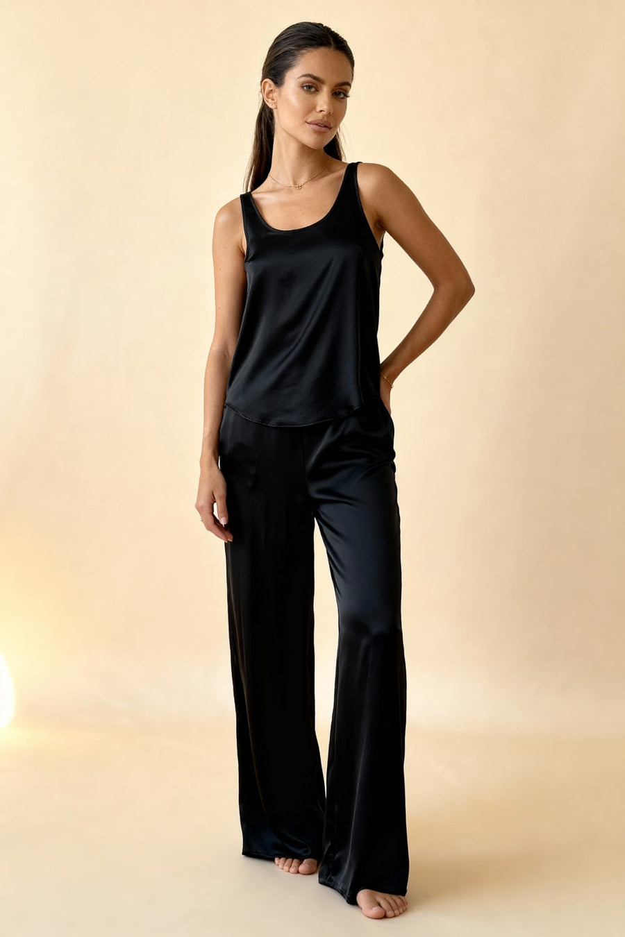 Black Satin Pajama Set with Sleeveless Style-Pajama Set-Bellascena-bellascena
