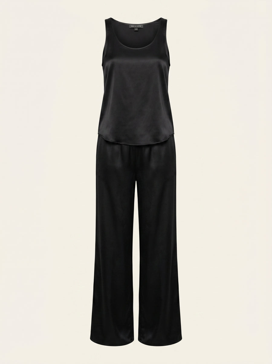 Black Satin Pajama Set with Sleeveless Style-Pajama Set-Bellascena-S-Black-bellascena