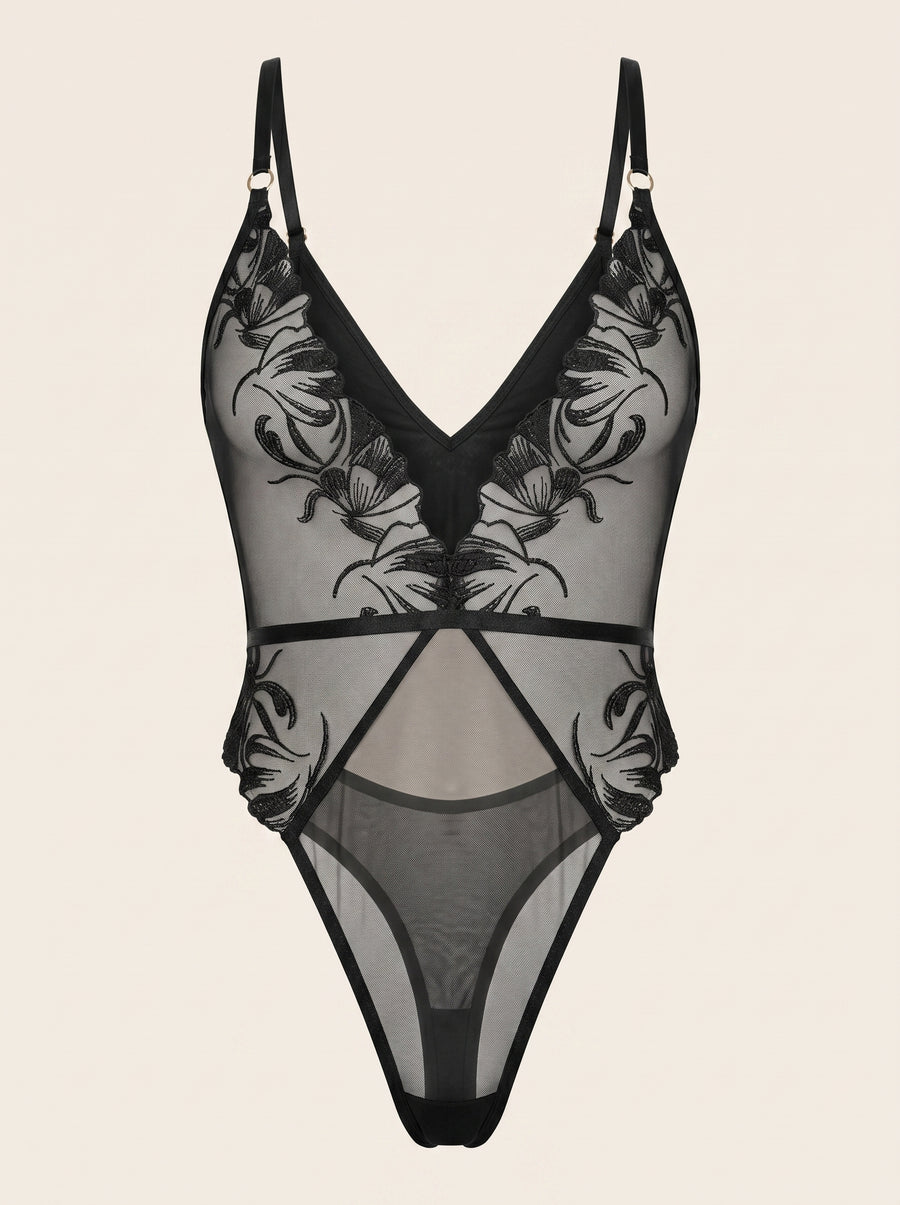 Black Sheer Mesh Bodysuit with Cutouts-Bodysuit-Bellascena-S-Black-bellascena