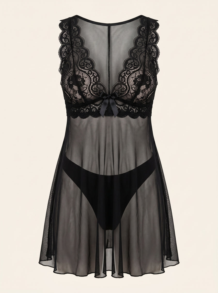 Black Sheer Mesh Nightgown with Lace Details-Nightgown-Bellascena-Black-S-bellascena