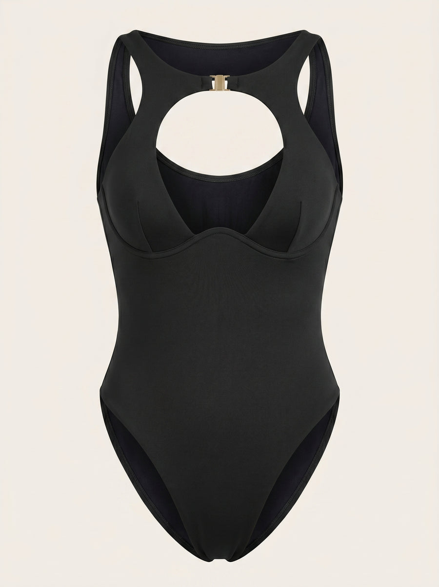 Black Synthetic One-Piece Swimsuit with Cutout Detail-One-Piece Swimsuit-Bellascena-S-Black-bellascena
