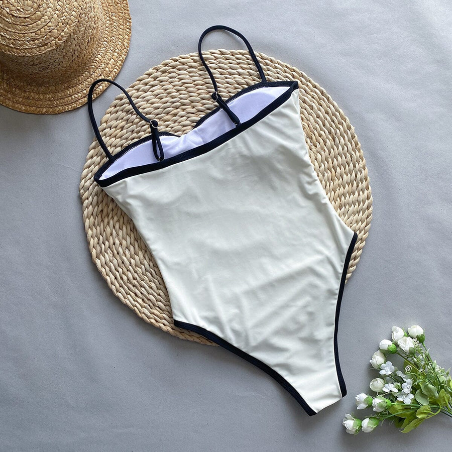 Black Synthetic One-Piece Swimsuit with Strappy Cutouts-One-Piece Swimsuit-Bellascena-bellascena