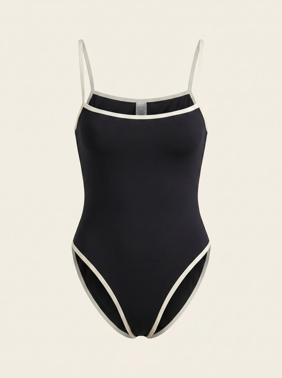 Black Synthetic One-Piece Swimsuit with Strappy Cutouts-One-Piece Swimsuit-Bellascena-Black-S-bellascena