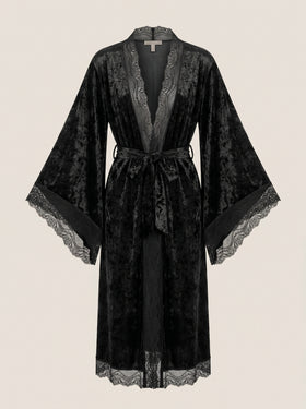 Black Velvet Kimono Robe with Lace Trim-Nightgown-Bellascena-Black-S-bellascena