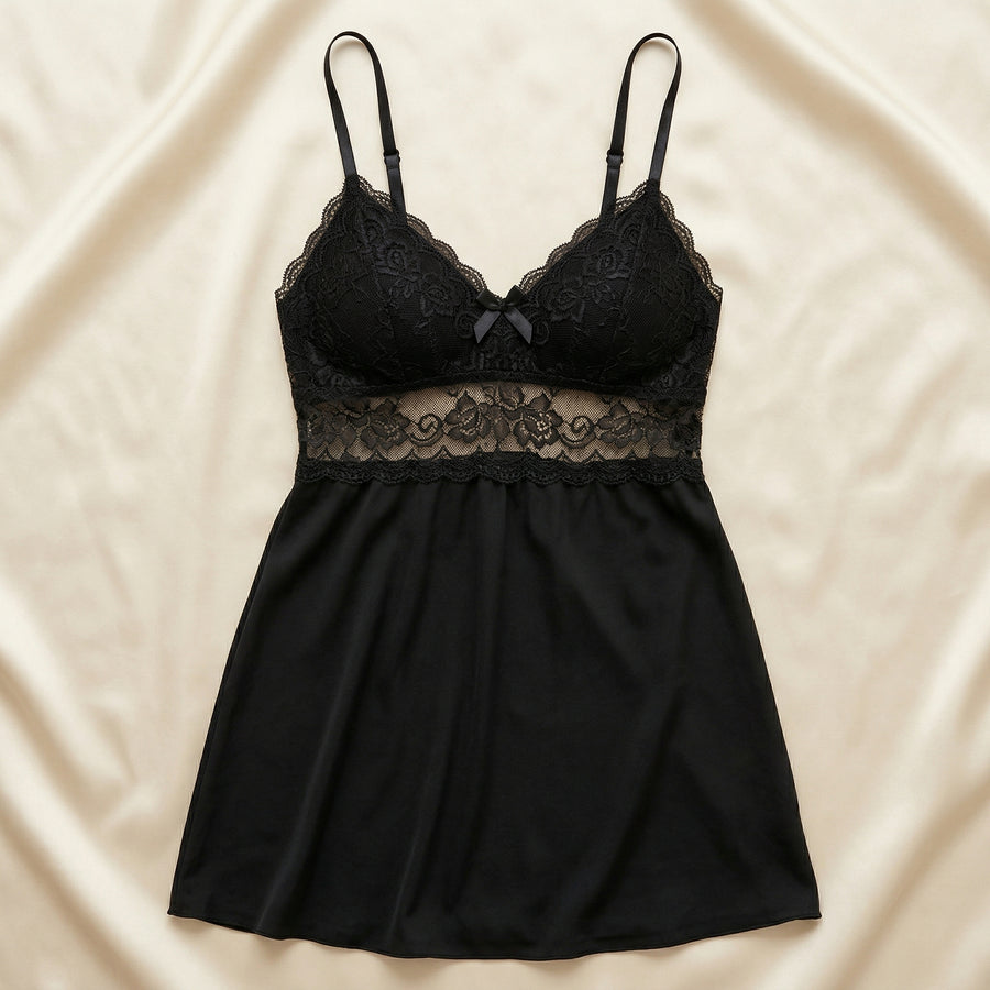 Black Velvet Nightgown with Lace Overlay-Nightgown-Bellascena-bellascena