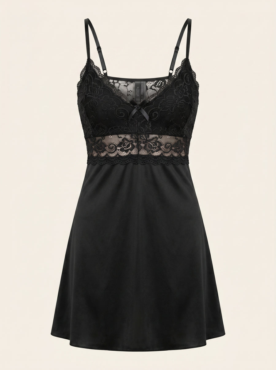Black Velvet Nightgown with Lace Overlay-Nightgown-Bellascena-S-Black-bellascena