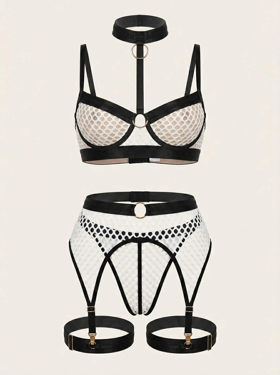 Black & White Geometric Mesh Lingerie Set with Strappy Design-Lingerie Set-Bellascena-Black-S-bellascena