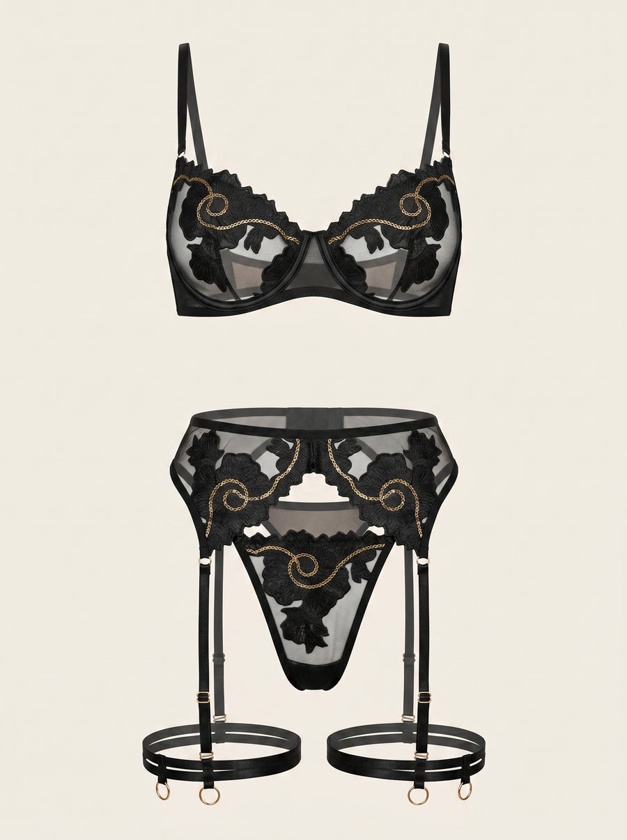 Black and Gold Lace Lingerie Set with Strappy Sheer Details-Lingerie Set-Bellascena-S-S-Black-bellascena