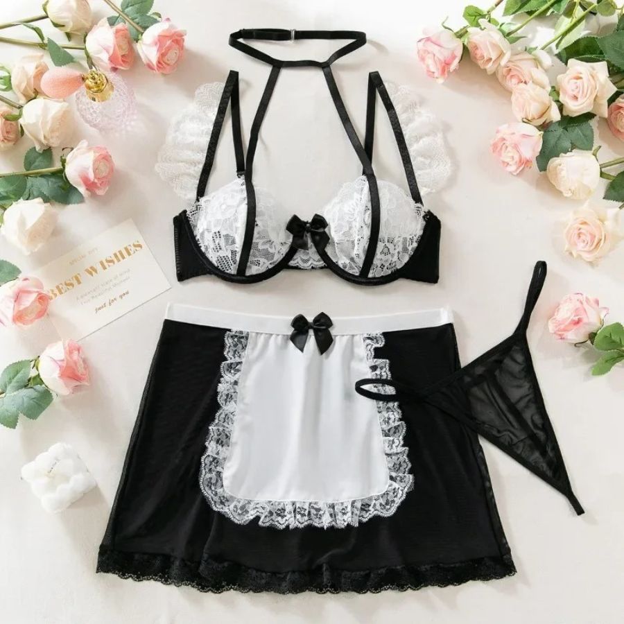Black and White Lace Bodysuit with Sheer Strappy Detail-Bodysuit-Bellascena-bellascena
