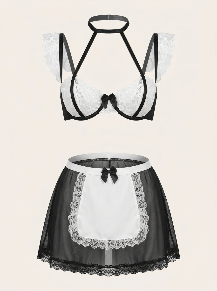 Black and White Lace Bodysuit with Sheer Strappy Detail-Bodysuit-Bellascena-S-Black-bellascena