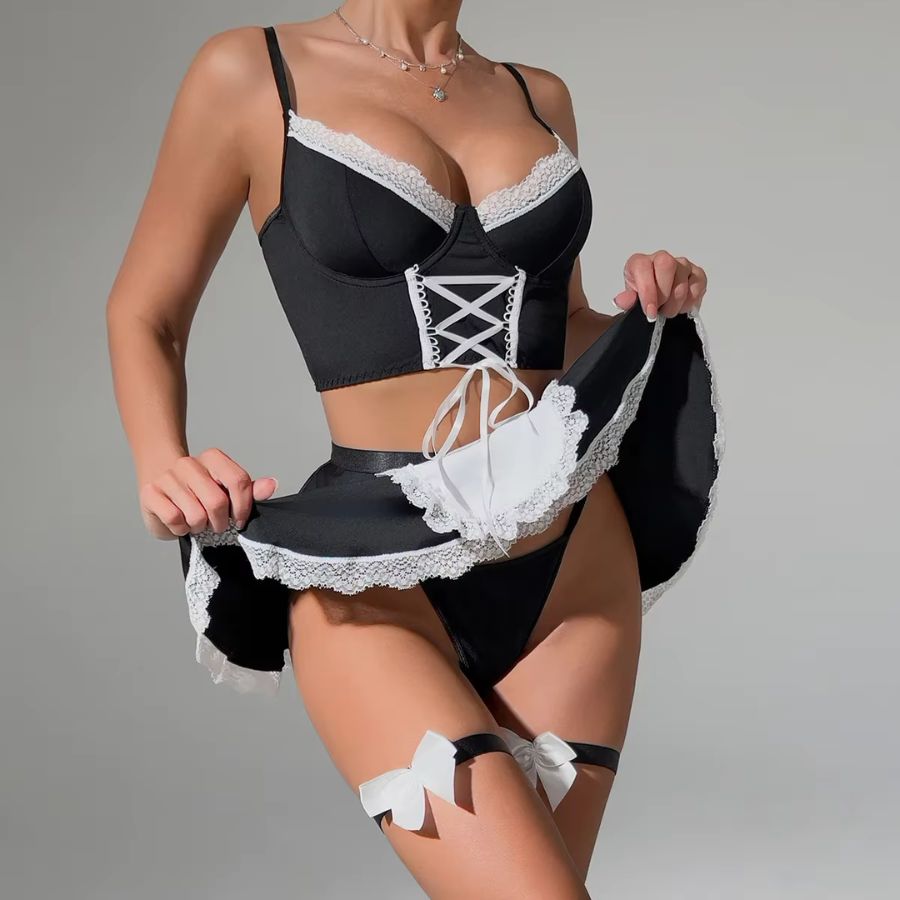 Black and White Polyester Bodysuit with Lace Trim-Bodysuit-Bellascena-bellascena