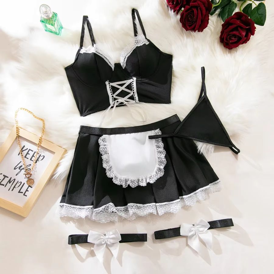 Black and White Polyester Bodysuit with Lace Trim-Bodysuit-Bellascena-bellascena