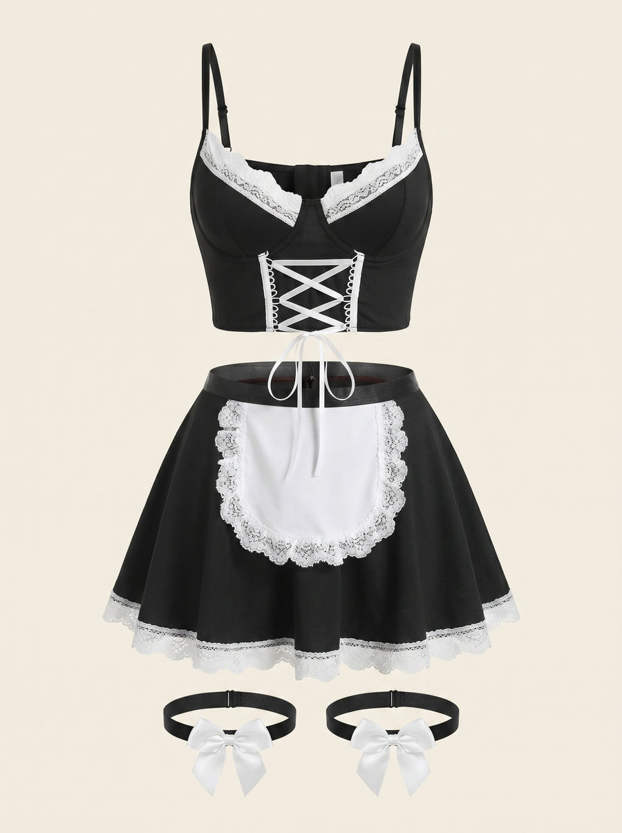 Black and White Polyester Bodysuit with Lace Trim-Bodysuit-Bellascena-S-Black-bellascena
