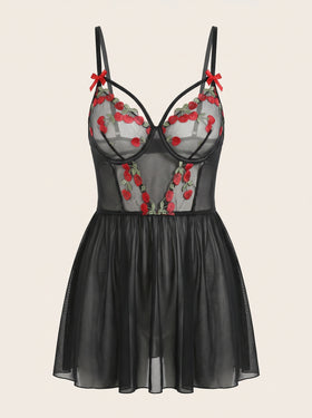 Black with Red Floral Embroidered Mesh Nightgown with Bow Detail-Nightgown-Bellascena-Black-S-bellascena