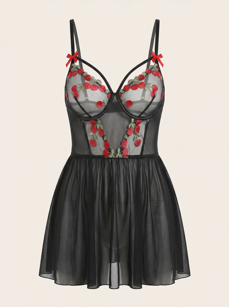 Black with Red Floral Embroidered Mesh Nightgown with Bow Detail-Nightgown-Bellascena-Black-S-bellascena