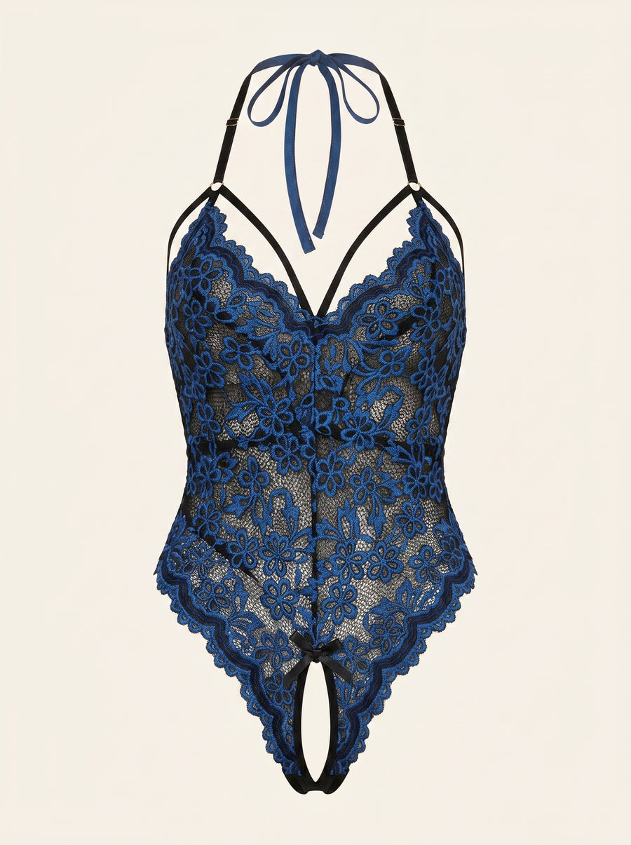 Blue Floral Lace Bodysuit with Strappy Details-Bodysuit-Bellascena-Blue-S-bellascena