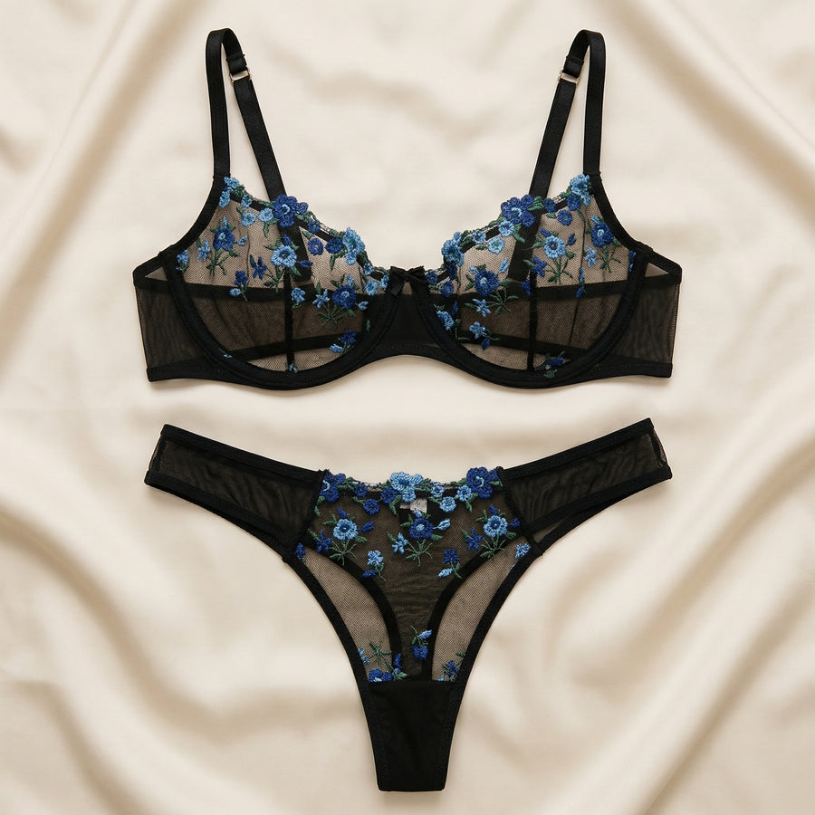 Blue Floral Mesh Lingerie Set with Embroidered Details-Lingerie Set-Bellascena-bellascena