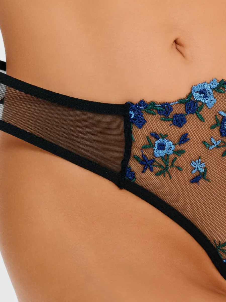 Blue Floral Mesh Lingerie Set with Embroidered Details-Lingerie Set-Bellascena-bellascena