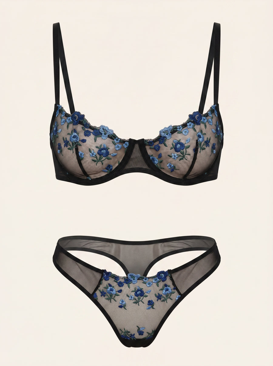 Blue Floral Mesh Lingerie Set with Embroidered Details-Lingerie Set-Bellascena-S-Blue-bellascena