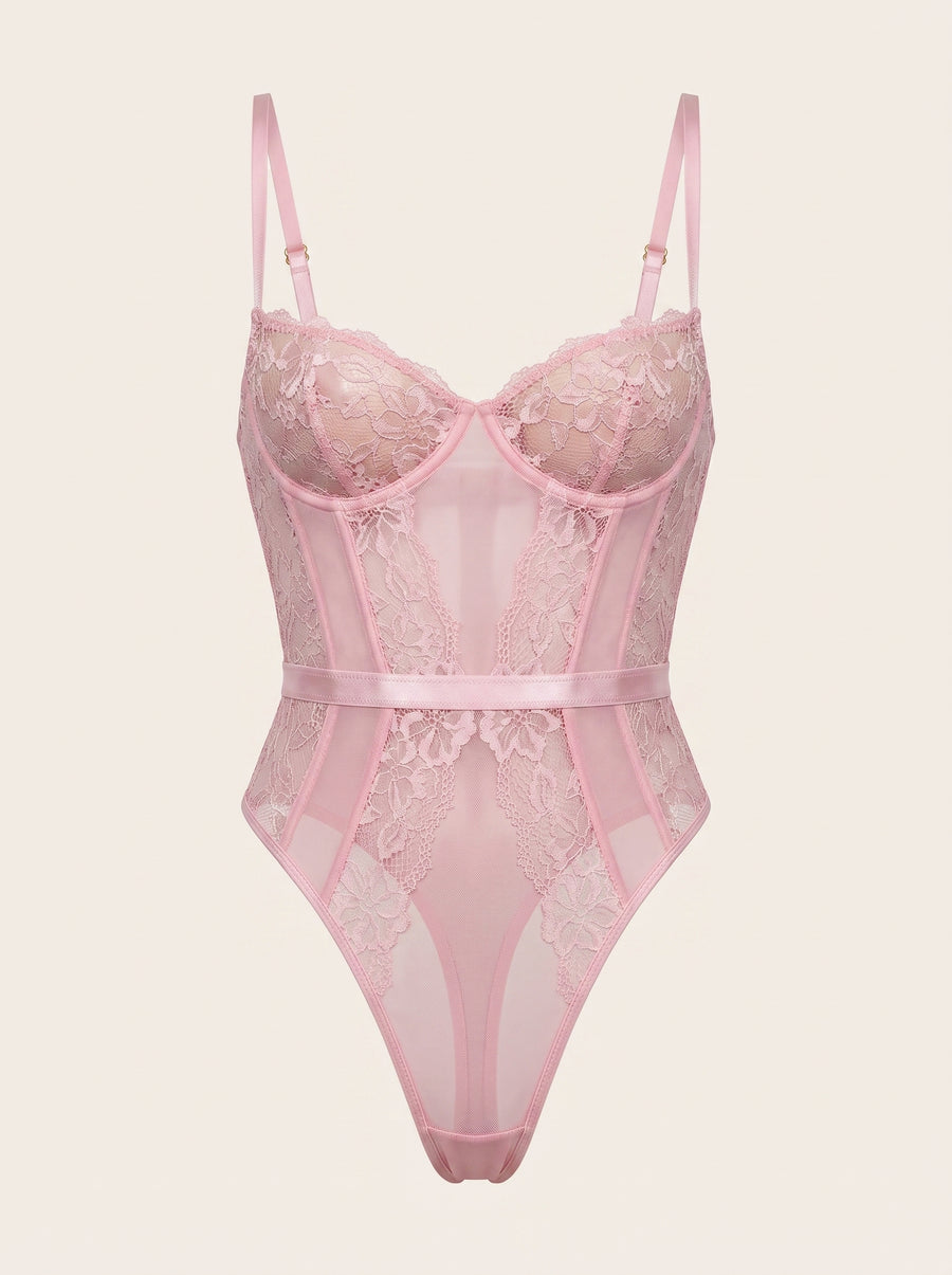 Blush Pink Mesh Bodysuit with Lace Cutout Design-Bodysuit-Bellascena-S-Pink-bellascena