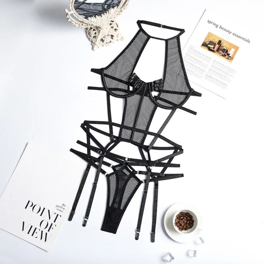 Bold Black Mesh Bodysuit with Strappy Cutouts-Bodysuit-Bellascena-bellascena
