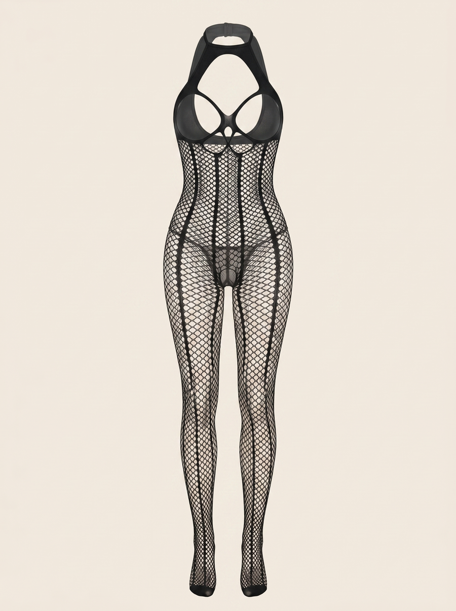 Bold Black Mesh Bodysuit with Strappy Cutouts-Bodysuit-Bellascena-Black-bellascena