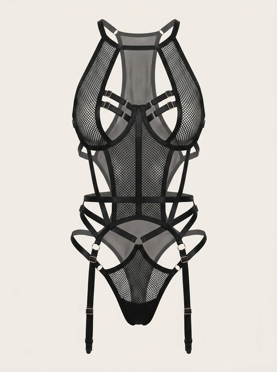 Bold Black Mesh Bodysuit with Strappy Cutouts-Bodysuit-Bellascena-S-Black-bellascena