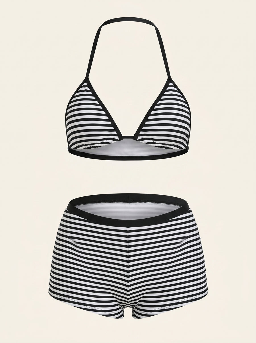 Bold Black and White Striped Synthetic Bikini Set with Halter Neck-Bikini Set-Bellascena-S-Black-bellascena