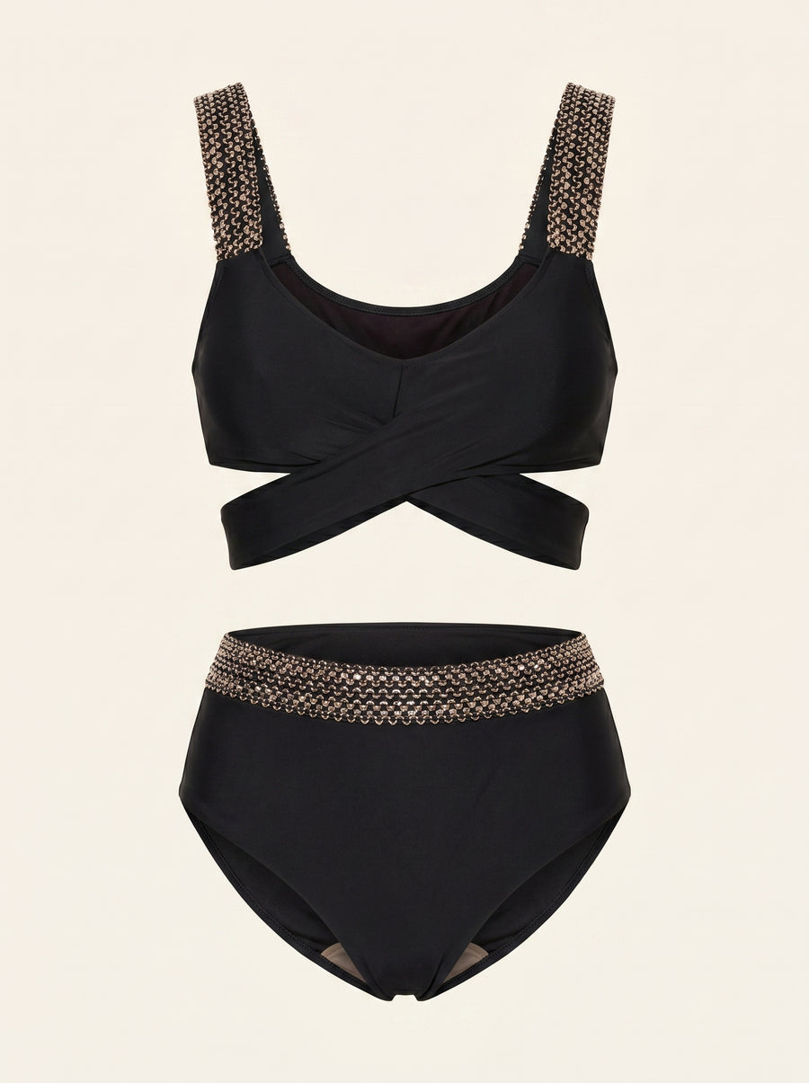 Bold Black/Red Sequin Swimwear Set with High Waist-One-Piece Swimsuit-Bellascena-Black-S-bellascena