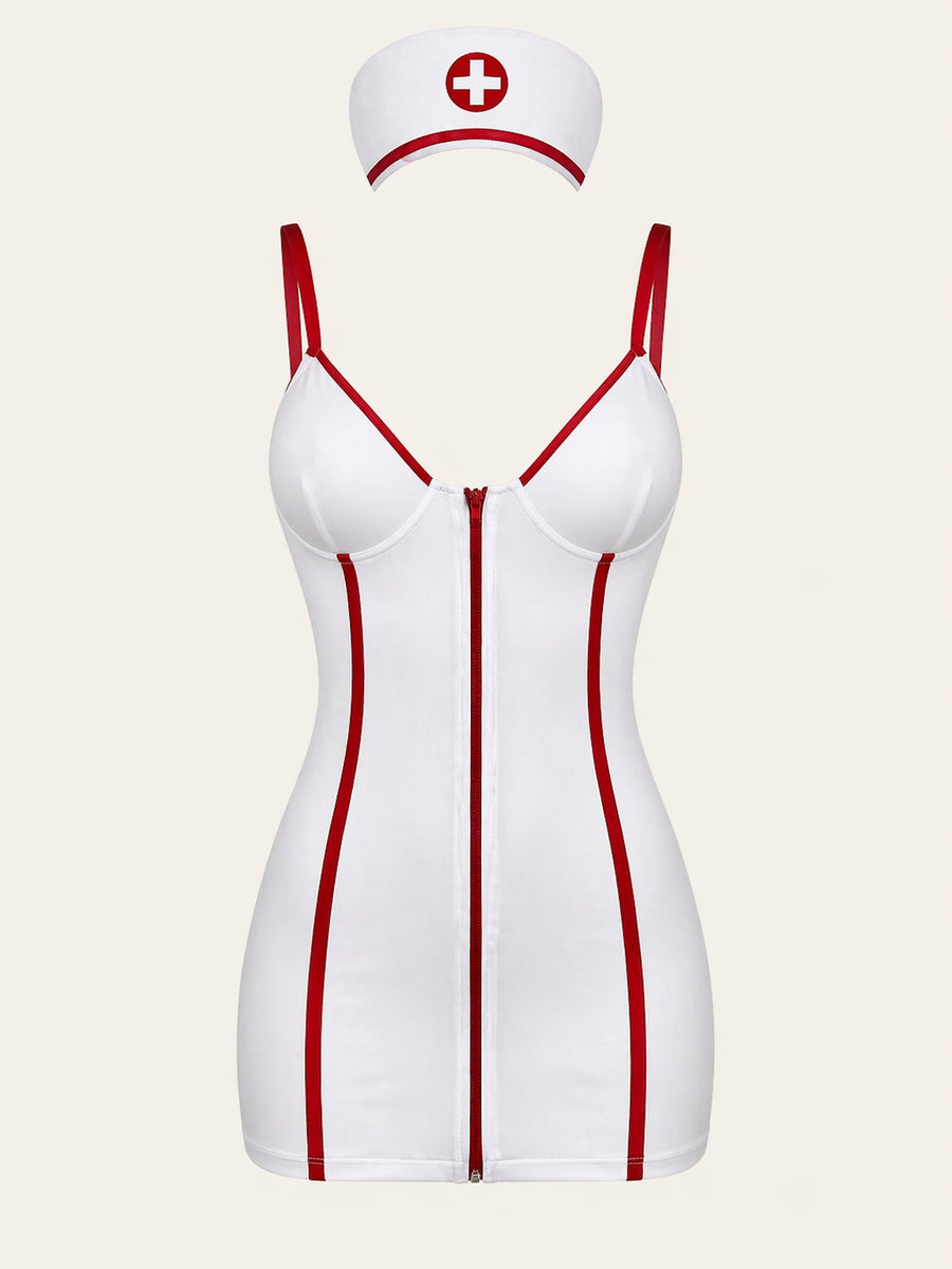 Bold White Satin Bodysuit with Red Accent Zipper Front-Bodysuit-Bellascena-S-White-bellascena