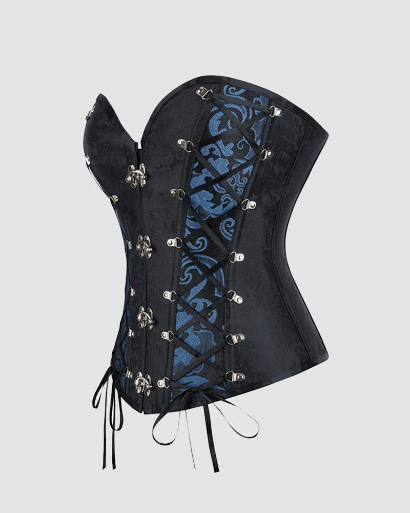 Boned Black and Blue Damask Brocade Corset with Lace-Up Detail-Corset-Bellascena-bellascena