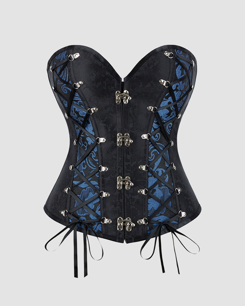 Boned Black and Blue Damask Brocade Corset with Lace-Up Detail-Corset-Bellascena-Dark Blue-XS-bellascena