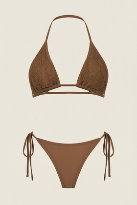 Brown & Black Lace Bikini Set with Tie Side Charm-Bikini Set-Bellascena-XS-Black-bellascena