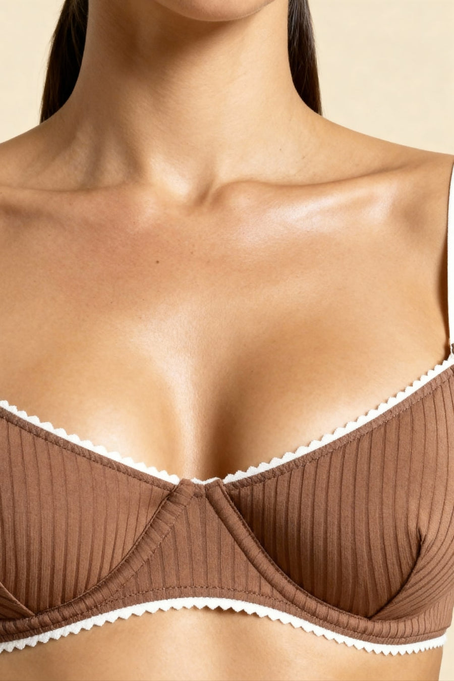 Brown Ribbed Lingerie Set with Scalloped Edges-Lingerie Set-Bellascena-bellascena