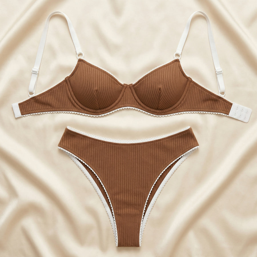 Brown Ribbed Lingerie Set with Scalloped Edges-Lingerie Set-Bellascena-bellascena