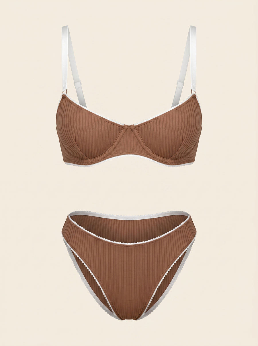 Brown Ribbed Lingerie Set with Scalloped Edges-Lingerie Set-Bellascena-S-S-Brown-bellascena