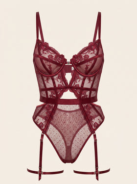 Burgundy Mesh Bodysuit with Lace Detail-Bodysuit-Bellascena-XS-Burgundy-bellascena