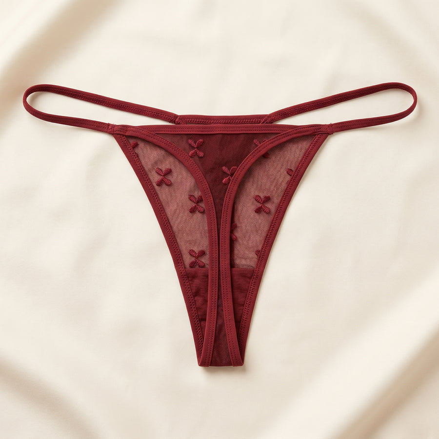 Burgundy Mesh Thong with Embroidered Straps-Thong-Bellascena-bellascena