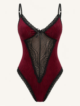 Burgundy Strappy Velvet Bodysuit with Black Lace Detail-Bodysuit-Bellascena-bellascena