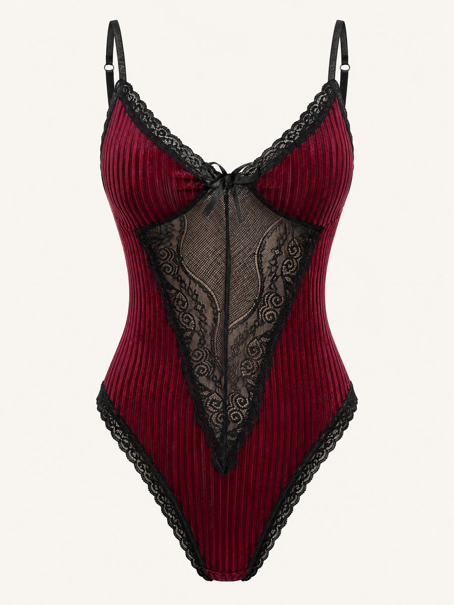 Burgundy Strappy Velvet Bodysuit with Black Lace Detail-Bodysuit-Bellascena-bellascena