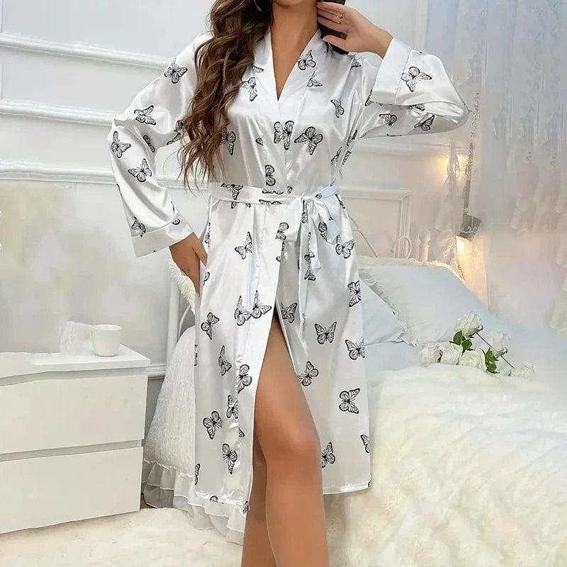 Butterfly Print Satin Kimono Robe with Tie Belt-Kimono Robe-Bellascena-bellascena