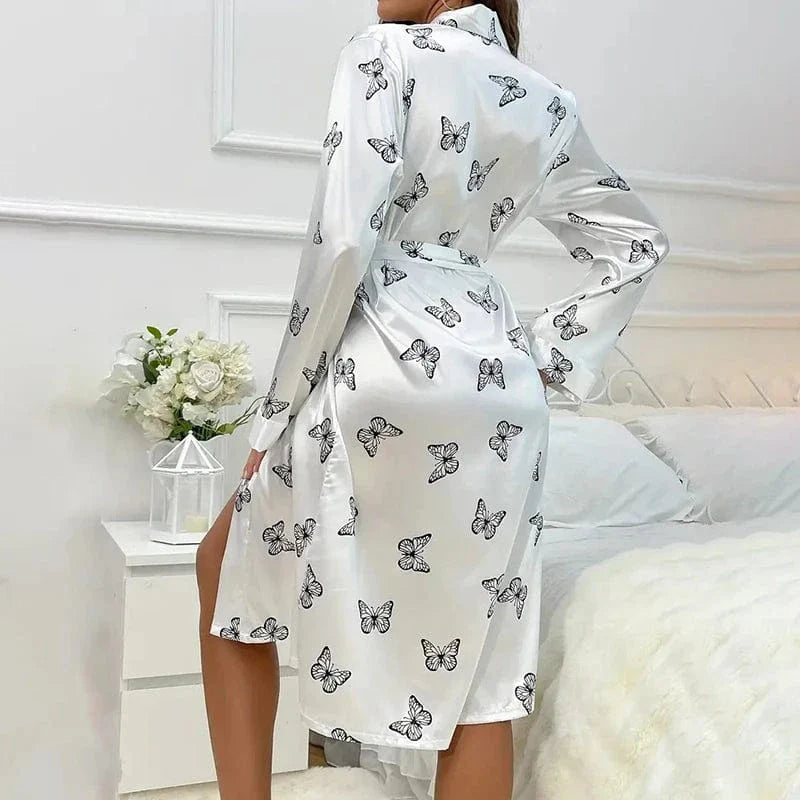 Butterfly Print Satin Kimono Robe with Tie Belt-Kimono Robe-Bellascena-bellascena